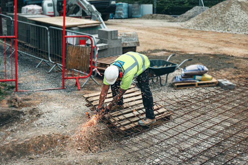 Crew preparing a compacted gravel base with reinforcement